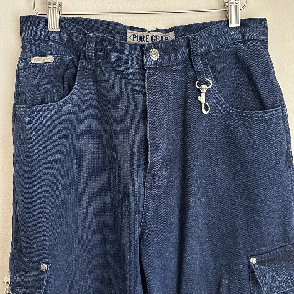 Pure Gear Cargo Jeans Mens 29 Dark Wash Blue‎ Vintage 90s Baggy Utility Denim